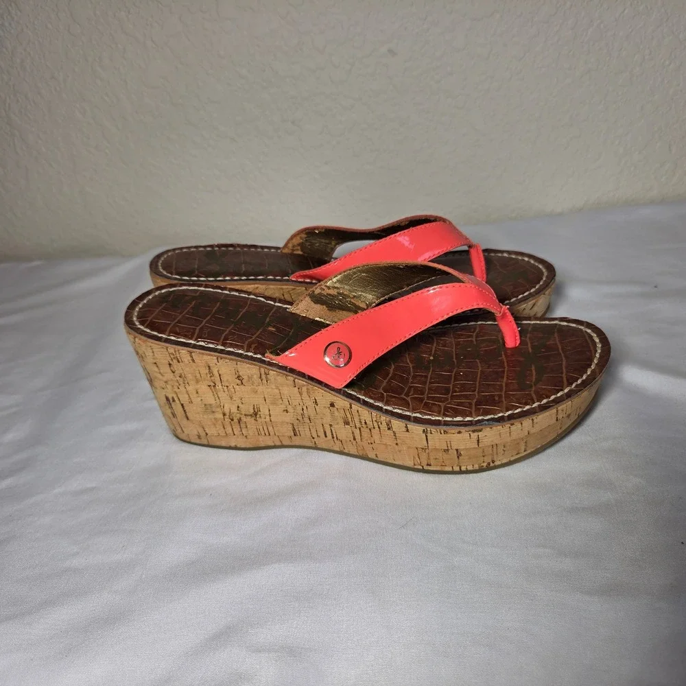 Sam Edelman Women Coral Pink Patent Cork Wedge Platform Sandals S1654 Size 6.5M